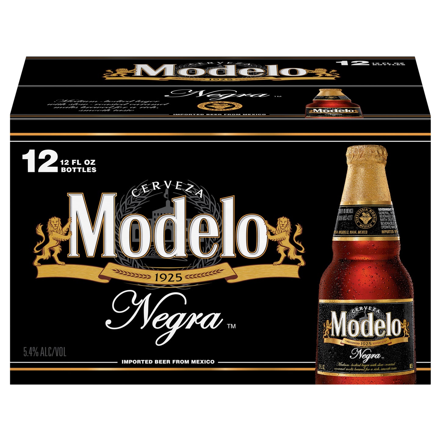 Cerveza Modelo Negra Mexicana Amber Lager, paquete de 12 botellas de 355 ml (12 oz fl), 5.4% de alcohol por volumen.