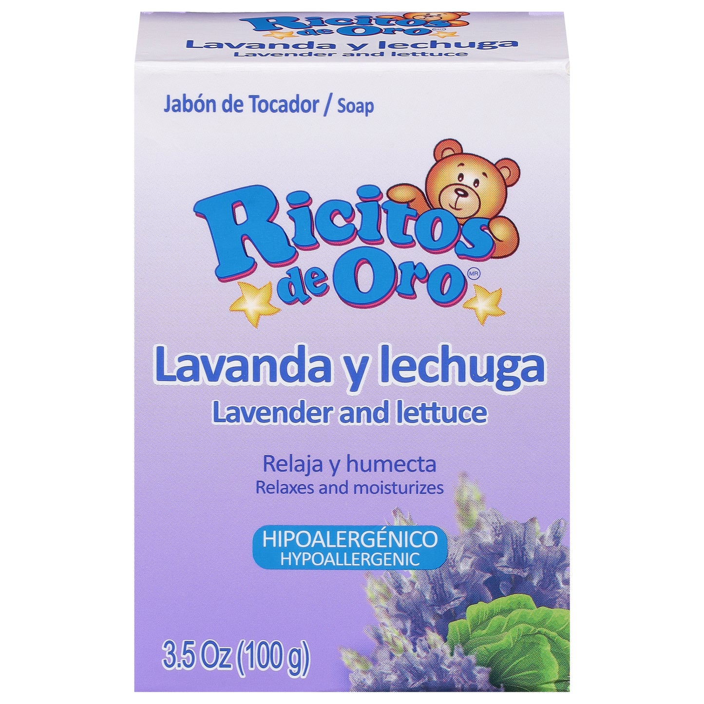 Jabón hipoalergénico Ricitos de Oro de lavanda y lechuga, 100 g (3.5 oz), que relaja e hidrata.