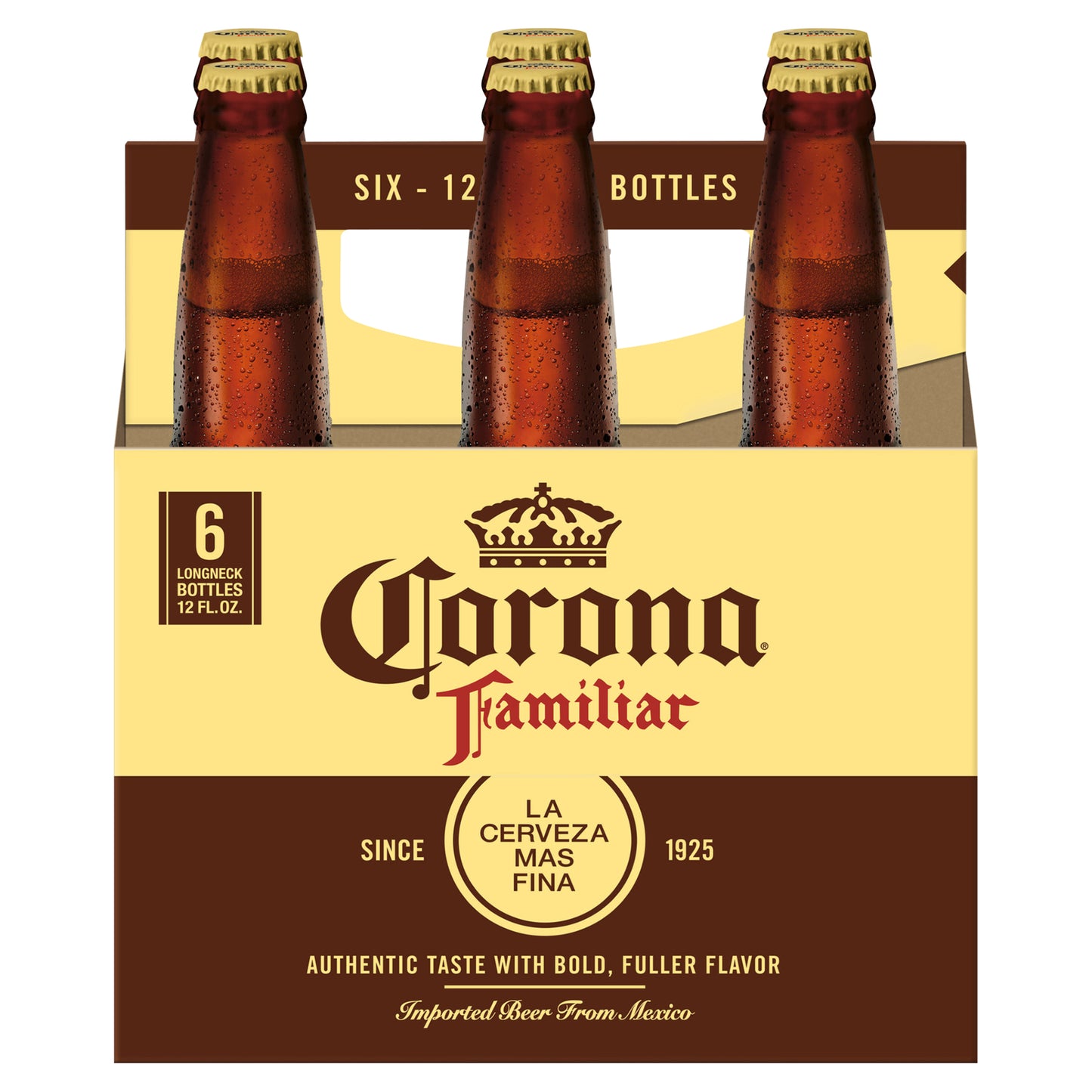 Cerveza Corona Familiar Mexican Lager, paquete de 6 botellas de 355 ml (12 oz fl), 4.8% de alcohol por volumen.