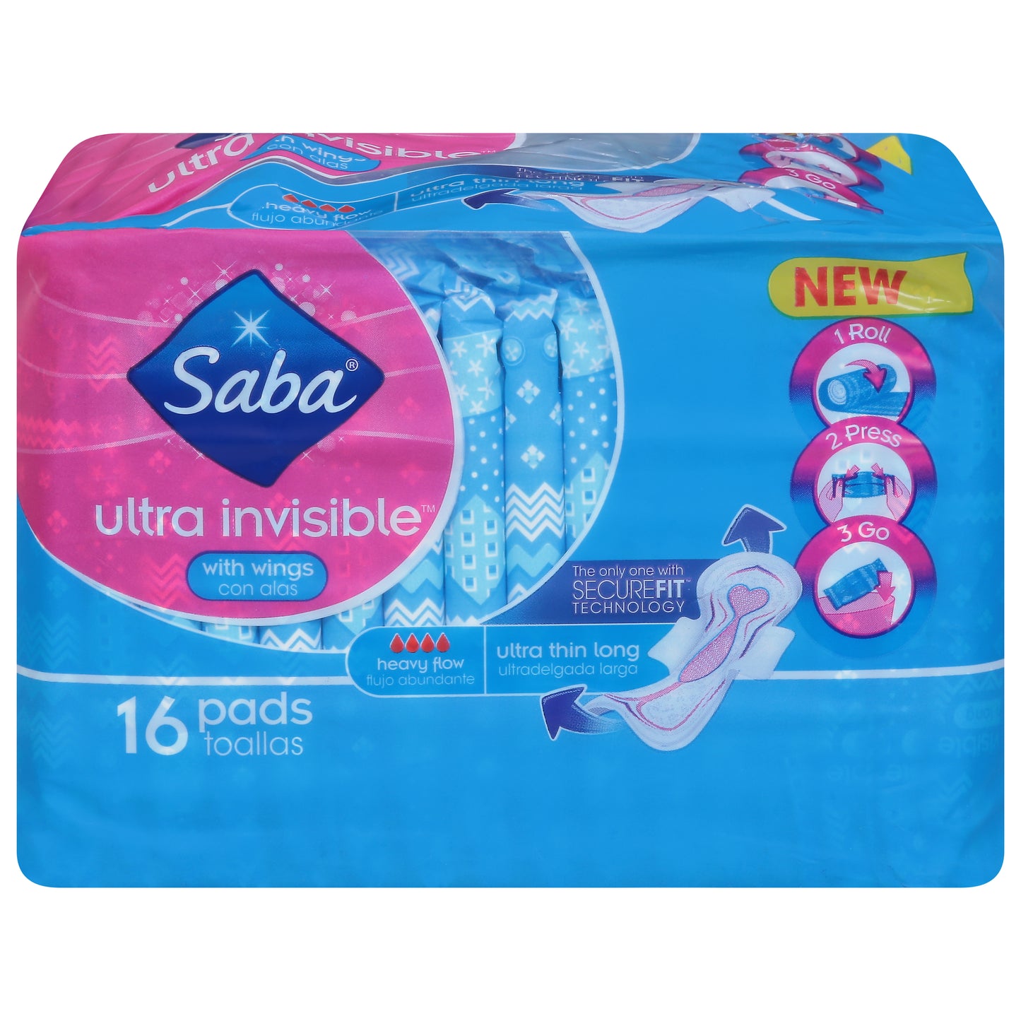 Compresas Saba Ultra Invisibles, Ultrafinas, Largas y de Flujo Abundante con Alas, 16 unidades