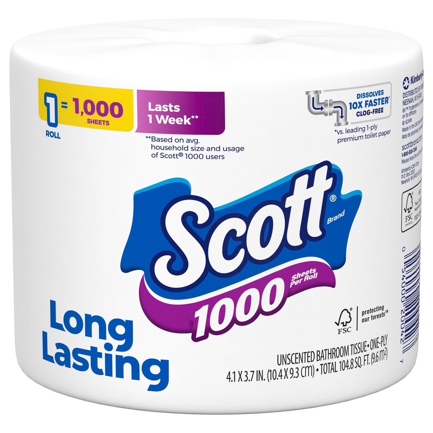 Papel higiénico Scott 1000, 1 rollo, apto para fosas sépticas, 1 capa.