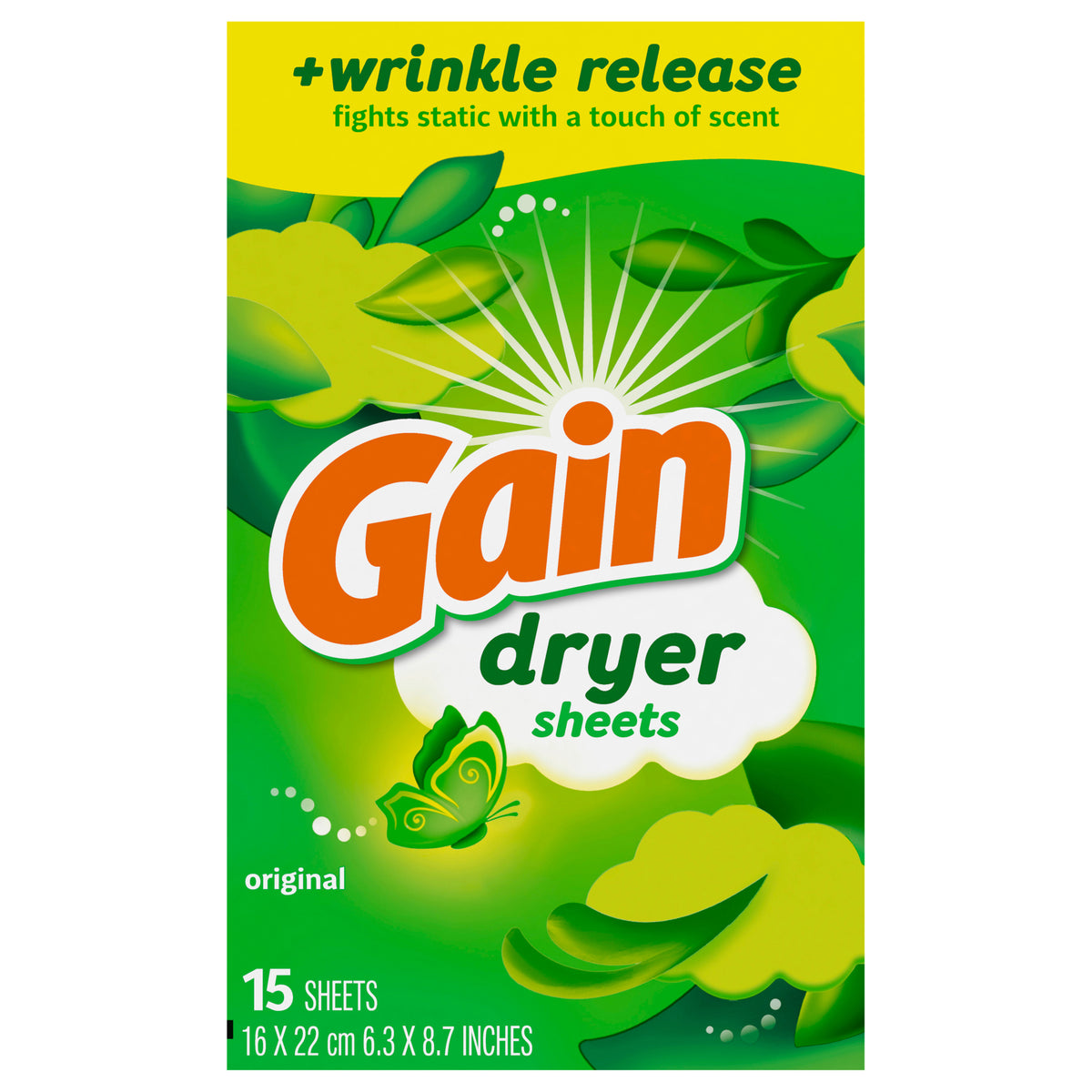 Gain dryer sheets Plus Wrinkle Release, Original Scent, 15 Count, Fights static with a touch of scent, laundry sheets