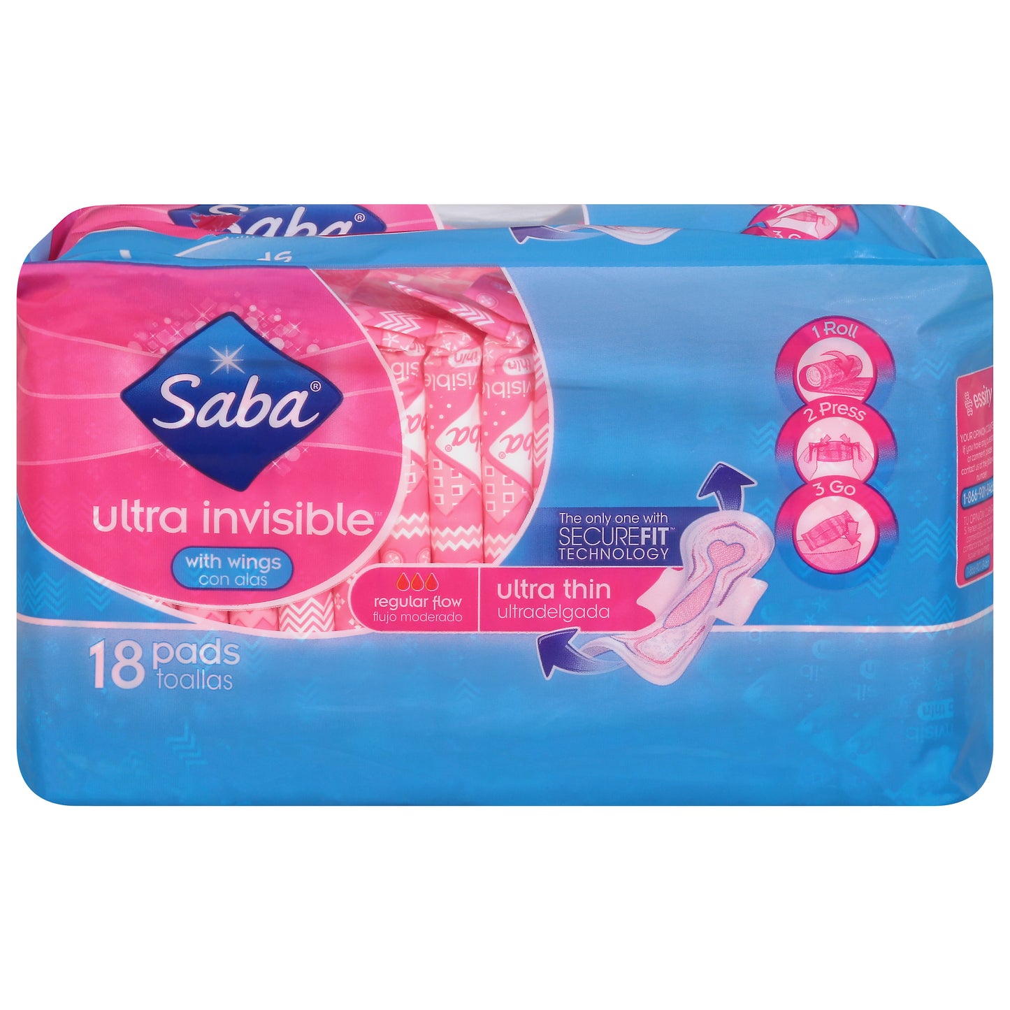 Toallas sanitarias Saba Ultra Invisibles de flujo regular con alas, ultrafinas, 18 unidades