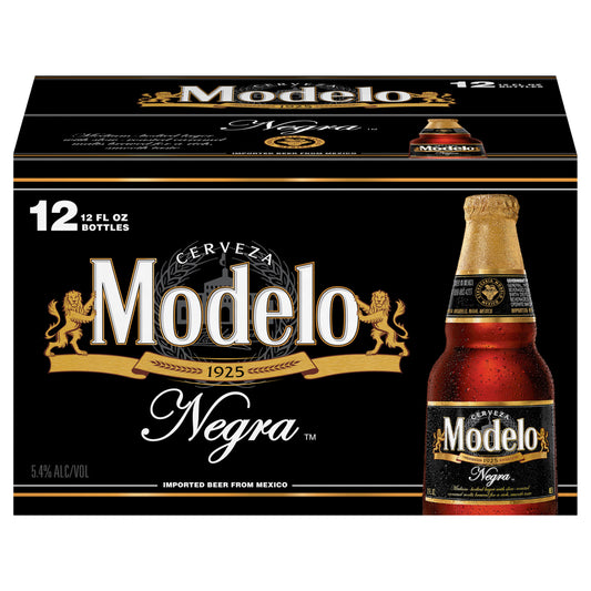 Cerveza Modelo Negra Mexicana Amber Lager, paquete de 12 botellas de 355 ml (12 oz fl), 5.4% de alcohol por volumen.