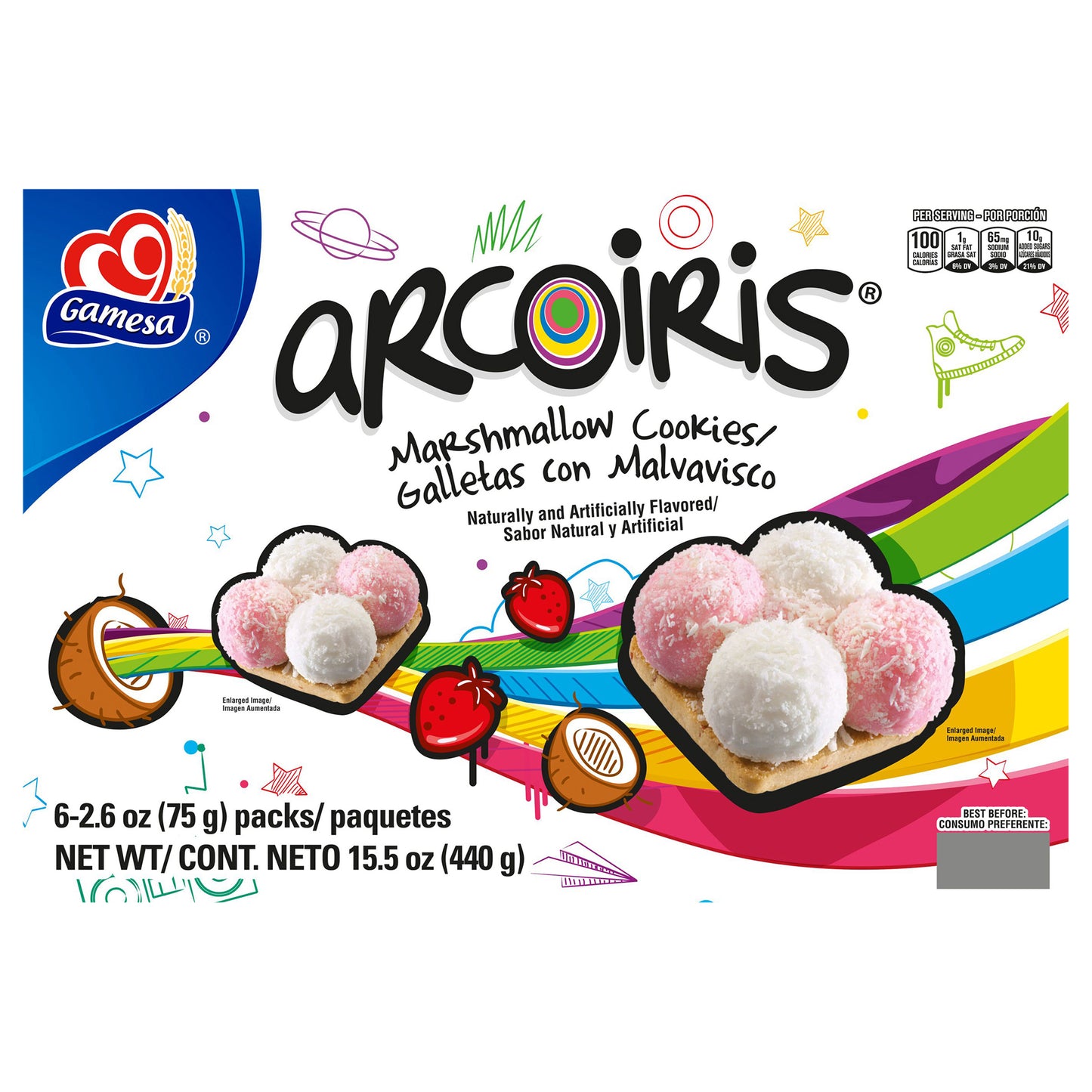 Galletas de malvavisco Gamesa Arcoiris con saborizantes naturales y artificiales, 440 g (15.5 oz), paquete de 6 unidades
