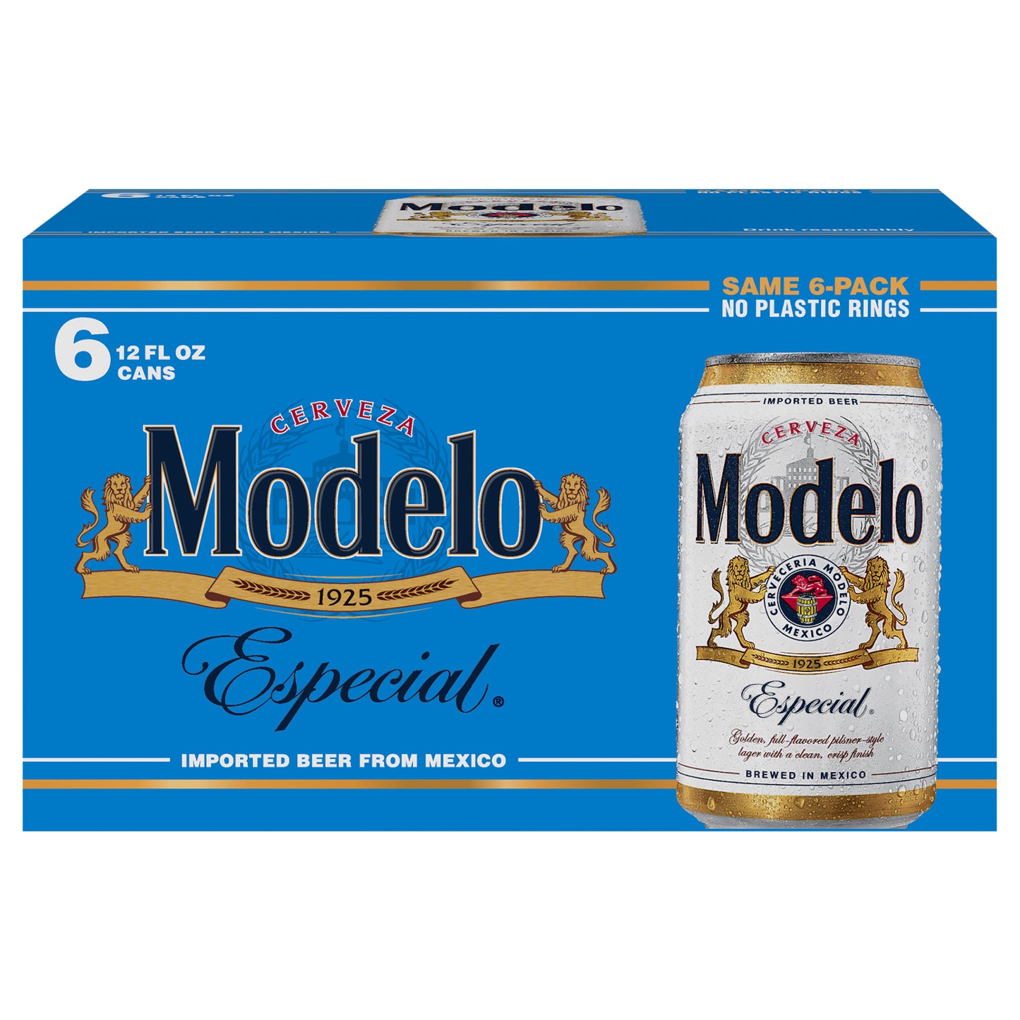 Cerveza lager mexicana Modelo Especial, paquete de 6 latas de 355 ml (12 oz líq.), 4.4% de alcohol por volumen.