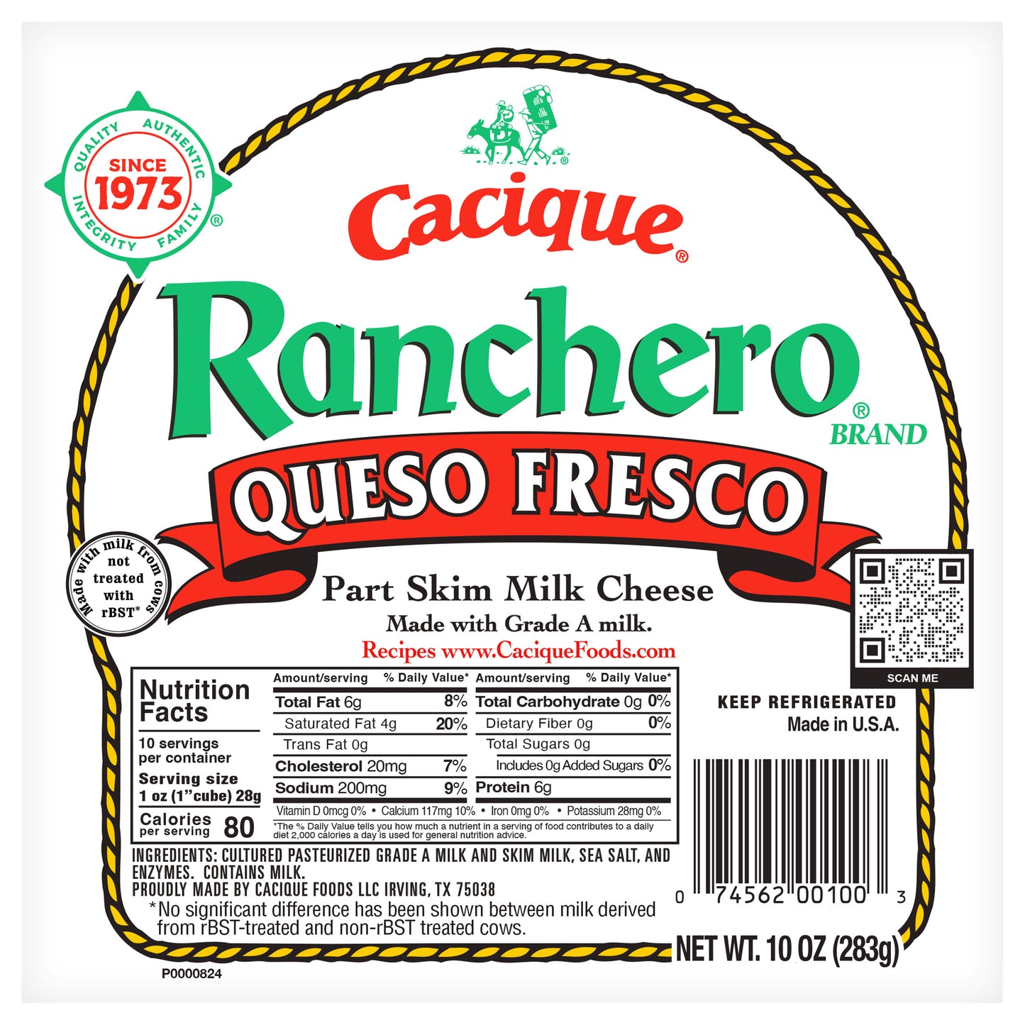Queso Fresco Cacique® Ranchero® Queso Leche SemiDescremada 10 oz
