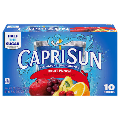 Capri Sun sabor ponche de frutas con otros sabores naturales, mezcla de jugos, caja de 10 unidades, bolsitas de 177 ml (6 onzas líquidas).