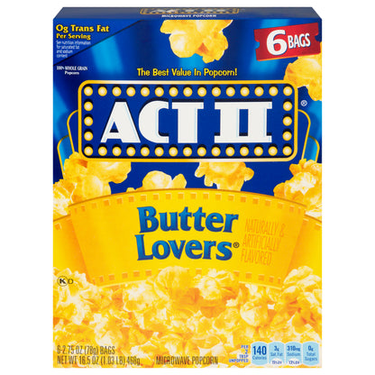 Palomitas de maíz para microondas Act II Butter Lovers, 6 bolsas de 78 g (2,75 oz).