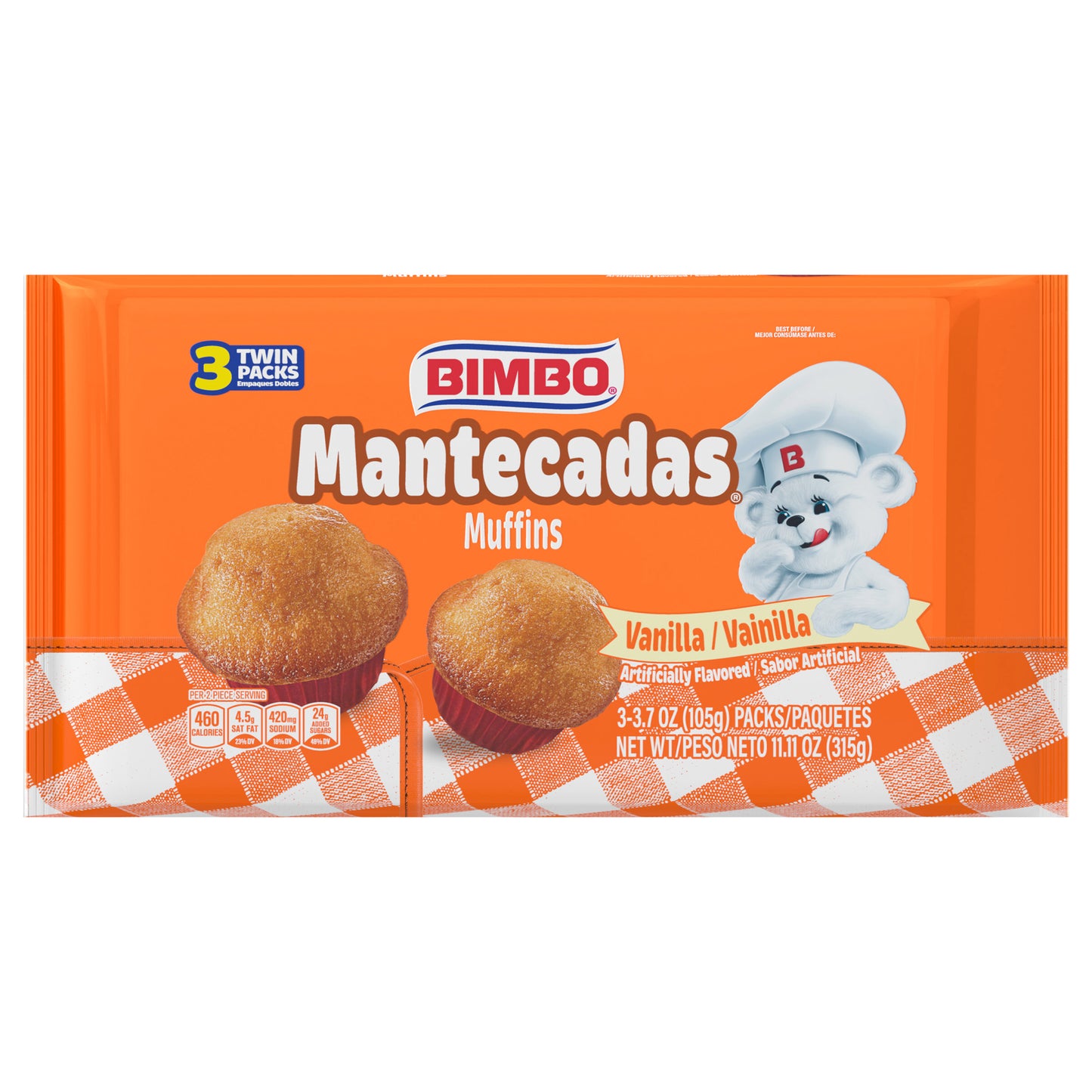 Muffins Bimbo Mantecadas de vainilla (paquete Club), 3 unidades, 315 g