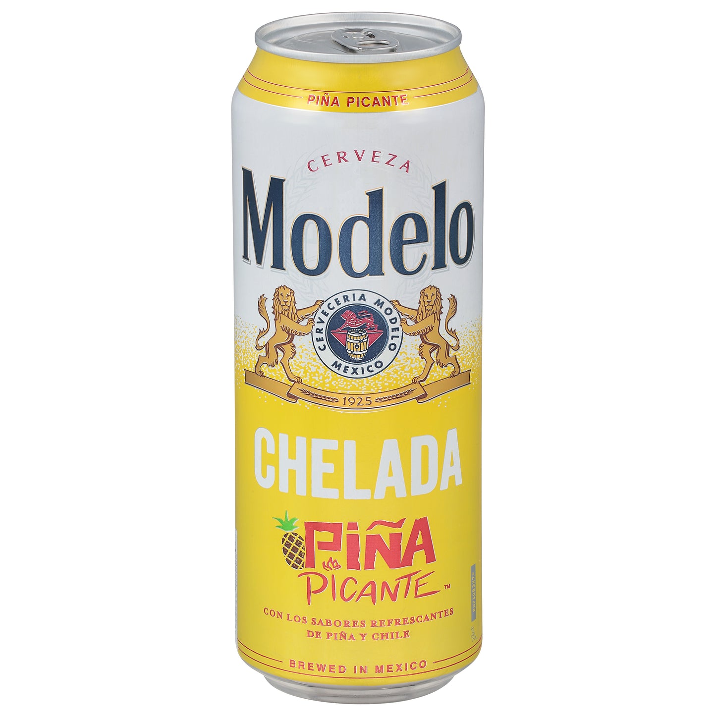 Cerveza Modelo Chelada Piña Picante de importación mexicana, lata de 710 ml (24 oz fl), 3.5% de alcohol.