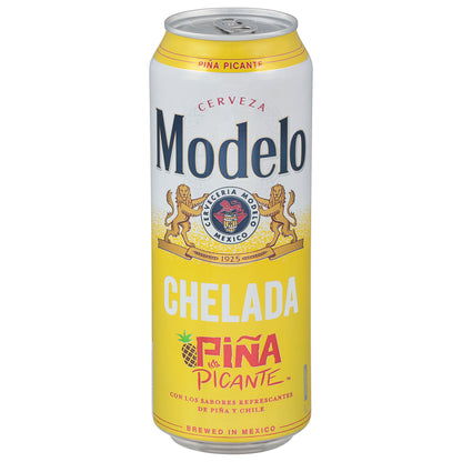 Cerveza Modelo Chelada Piña Picante de importación mexicana, lata de 710 ml (24 oz fl), 3.5% de alcohol.