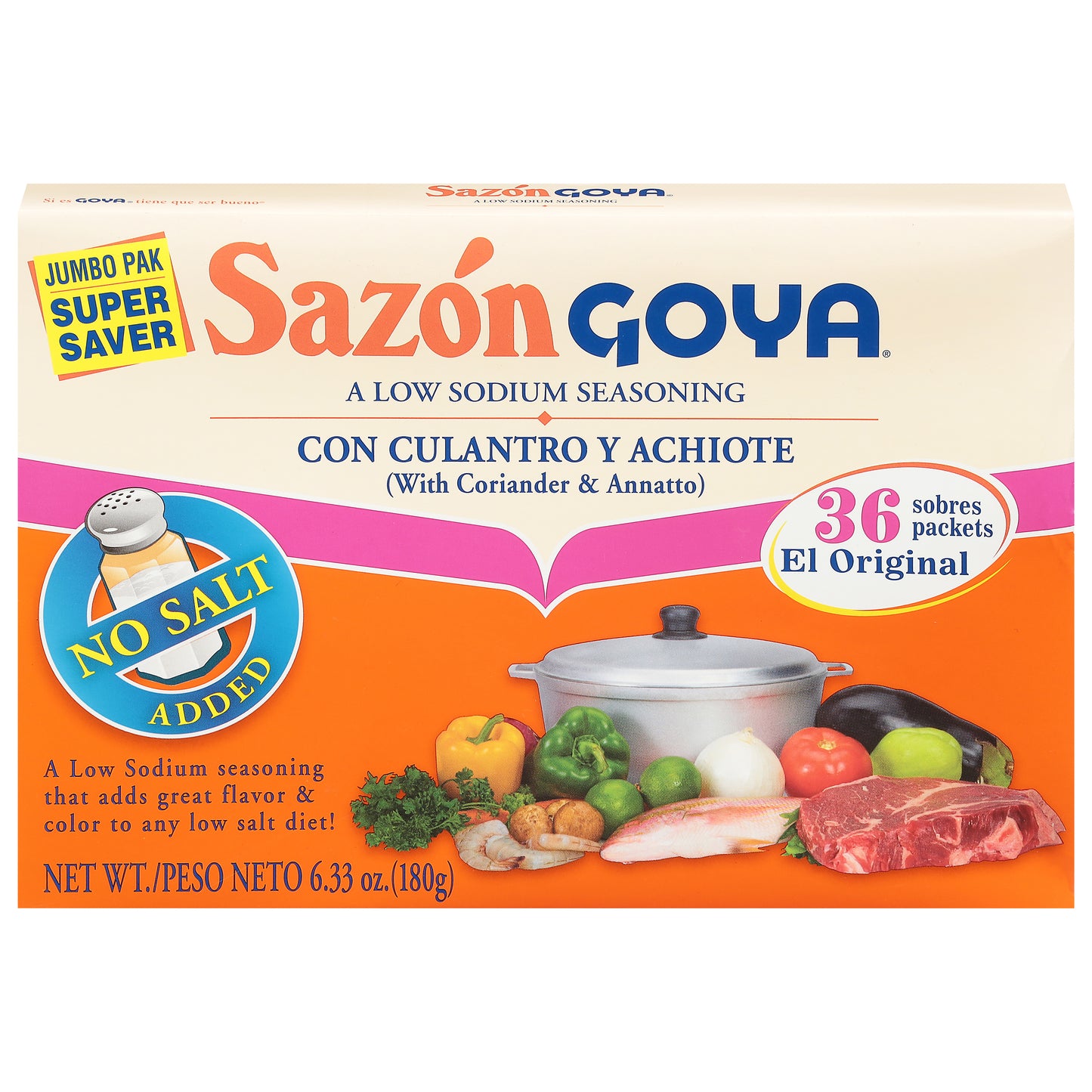Sazón Goya Jumbo Pak Sin Sal Añadida, Condimento de Cilantro y Achiote, 36 unidades