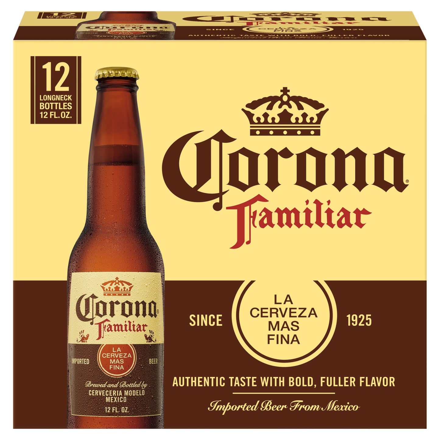 Cerveza Corona Familiar Mexican Lager, paquete de 12 botellas de 355 ml (12 oz fl), 4.8% de alcohol por volumen.