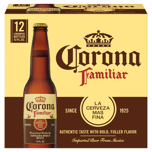 Cerveza Corona Familiar Mexican Lager, paquete de 12 botellas de 355 ml (12 oz fl), 4.8% de alcohol por volumen.