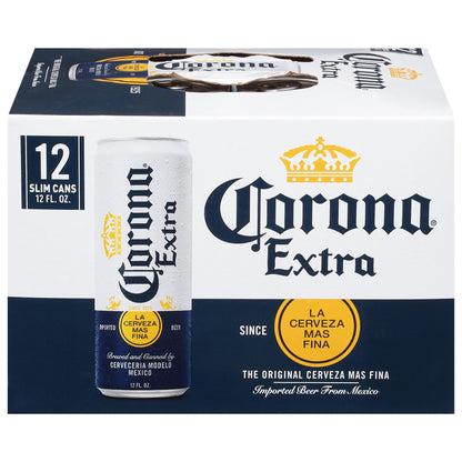 Cerveza Corona Extra Mexicana Lager, paquete de 12 latas de 355 ml (12 oz fl), 4.6% de alcohol por volumen.