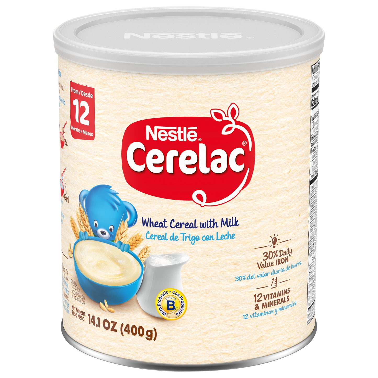 Nestlé Cerelac 12 Meses con Leche, Cereal de Trigo, Lata de 400 g (14.1 oz)