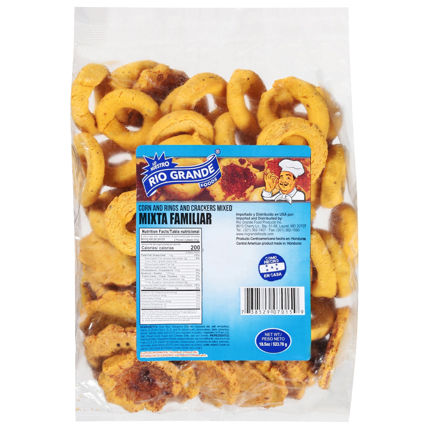 Mezcla de maíz, aros y galletas Rio Grande Foods, 524 g (18.5 oz)