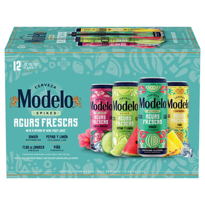 Modelo Spiked Aguas Frescas, paquete variado de bebidas de malta saborizadas, 12 latas de 355 ml (12 oz líq.), 4.5 % de alcohol por volumen.
