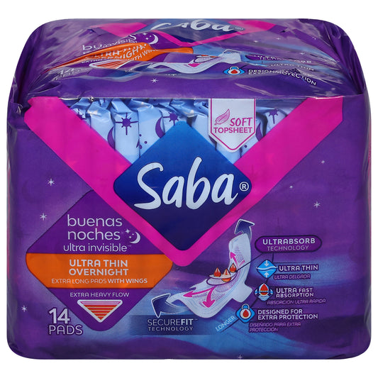Compresas Saba Extra Heavy Flow Ultra Thin para la noche, paquete de 14 unidades