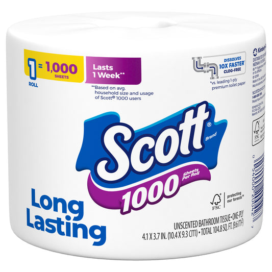 Papel higiénico Scott 1000, 1 rollo, apto para fosas sépticas, 1 capa.