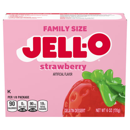 Mezcla para postre de gelatina con sabor artificial a fresa Jell-O, tamaño familiar, caja de 170 g (6 oz).