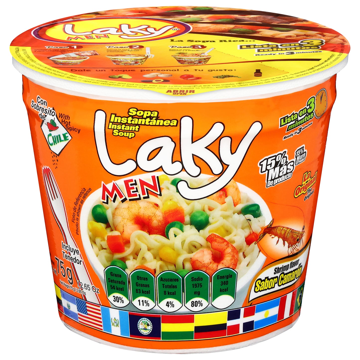 Sopa instantánea de camarones Laky Men con chile picante de 75 g
