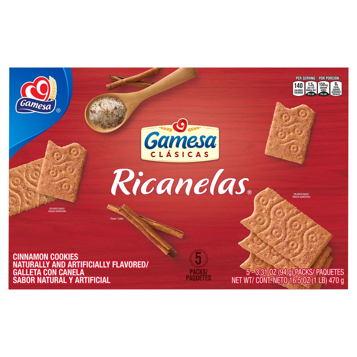 Galletas Ricanelas Clásicas Gamesa con sabor a canela, sabor natural y artificial, 94 g (3.31 oz), paquete de 5 unidades