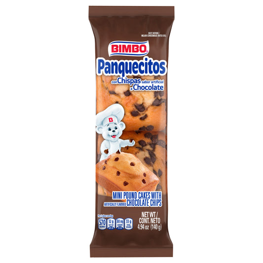 Bimbo Panquecitos Mini Pasteles de Libra con Chispas de Chocolate, Paquete Doble, 2 unidades, 140 g