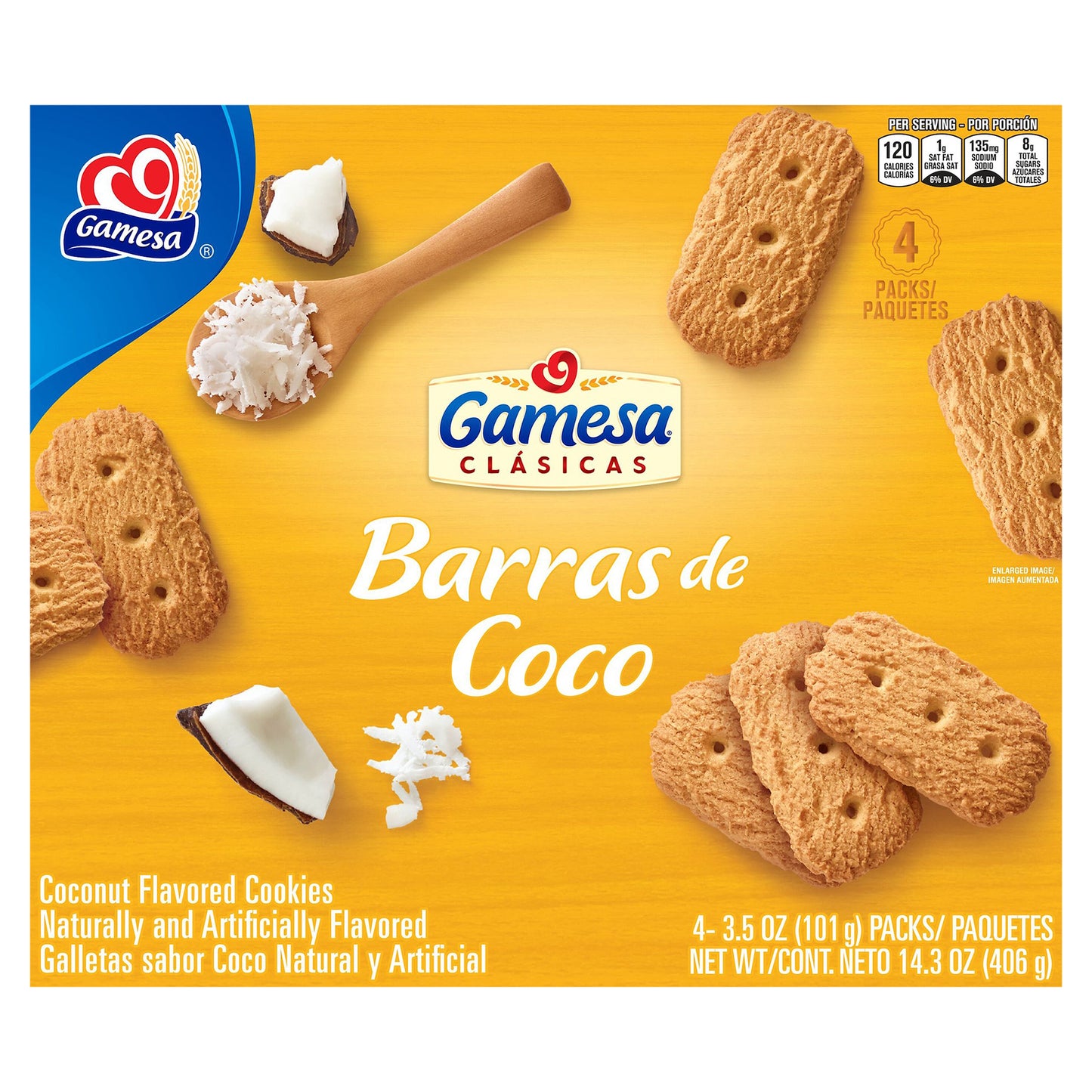 Galletas Gamesa Barra de Coco con sabor a coco natural y artificial, 99 g (3.5 oz), paquete de 4 unidades