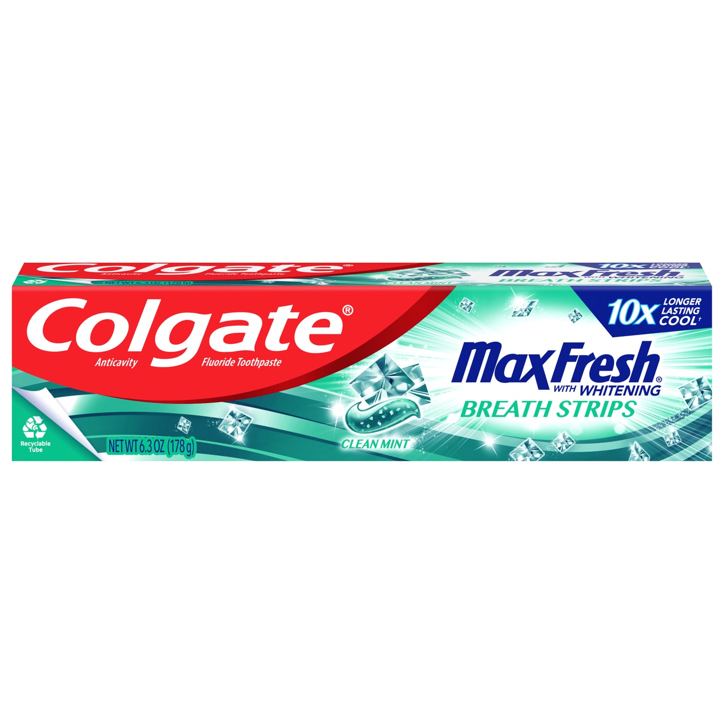 Pasta dental Colgate Max Fresh, blanqueadora con mini tiras refrescantes para el aliento, menta fresca, tubo de 179 g (6.3 oz).