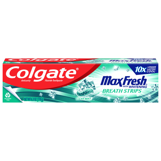 Pasta dental Colgate Max Fresh, blanqueadora con mini tiras refrescantes para el aliento, menta fresca, tubo de 179 g (6.3 oz).
