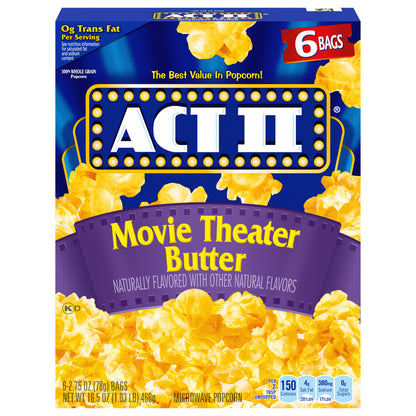 Palomitas de maíz para microondas con sabor a mantequilla de cine ACT II, paquete de 6 bolsas de 78 g (2.75 oz).