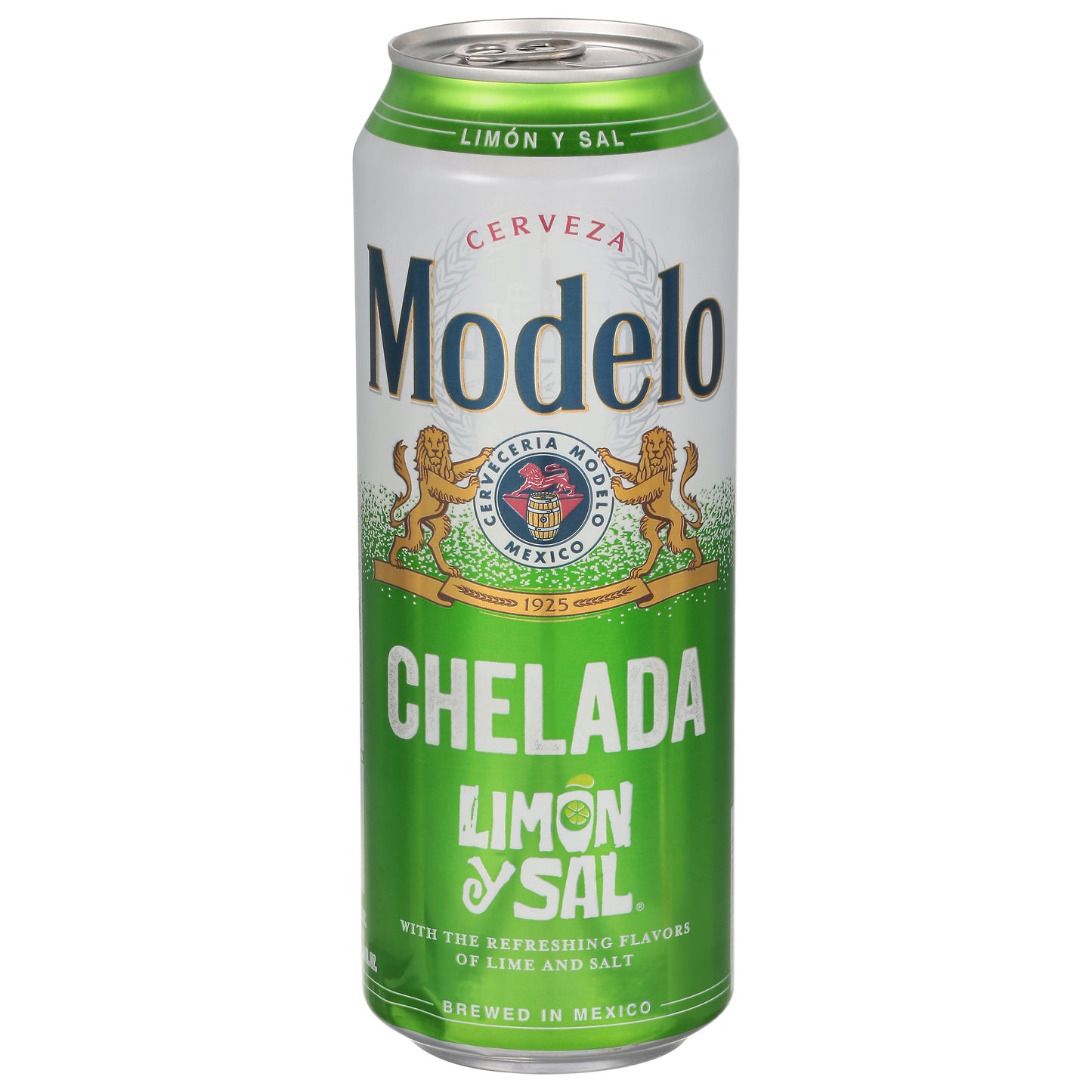 Cerveza Modelo Chelada Limón y Sal, importada de México, lata de 710 ml (24 oz fl), 3.5% de alcohol por volumen.