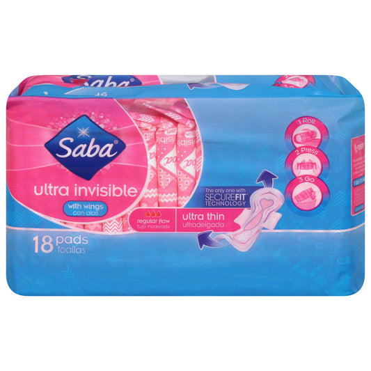 Toallas sanitarias Saba Ultra Invisibles de flujo regular con alas, ultrafinas, 18 unidades