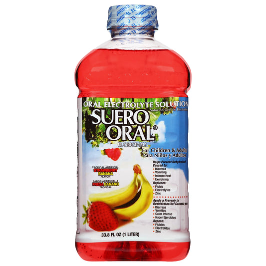 Solución electrolítica oral Suero Oral sabor fresa y plátano, 33.8 onzas líquidas