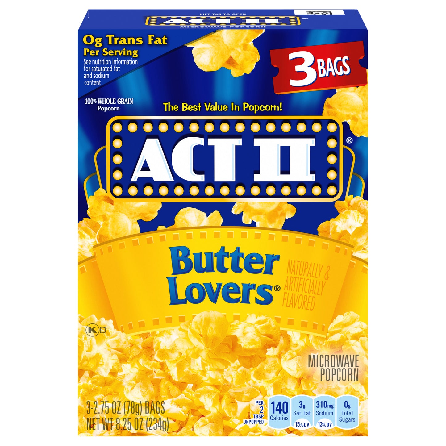 Palomitas de maíz para microondas ACT II sabor mantequilla, paquete de 3 bolsas de 78 g (2.75 oz).