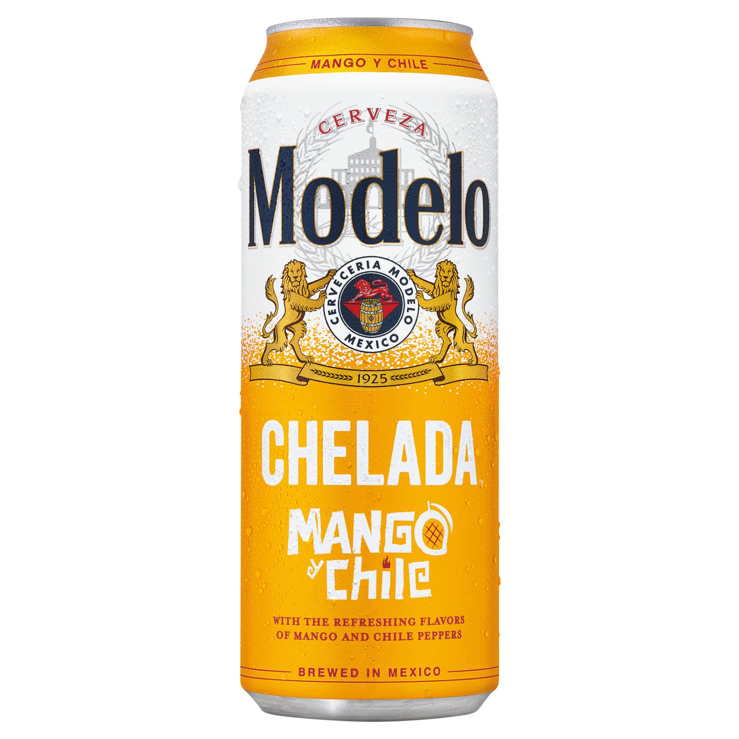 Cerveza Modelo Chelada Mango y Chile, importada de México, lata de 710 ml (24 oz fl), 3.5% de alcohol.