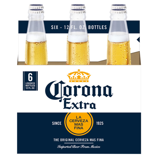 Cerveza Corona Extra Mexicana Lager, paquete de 6 botellas de 355 ml (12 oz fl), 4.6% de alcohol por volumen.