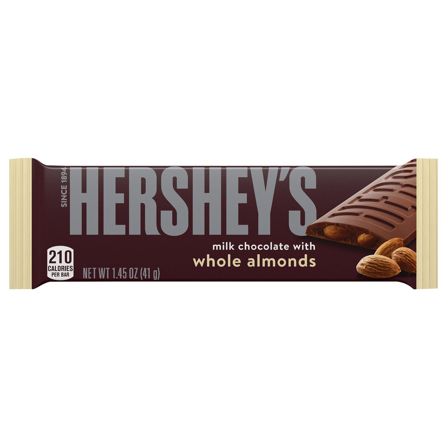 Barra de chocolate con leche HERSHEY'S con almendras enteras, tamaño normal, 41 g (1.45 oz).