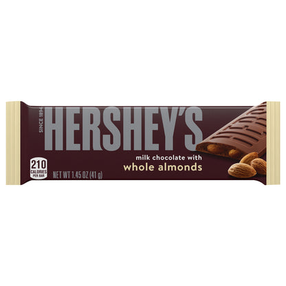 Barra de chocolate con leche HERSHEY'S con almendras enteras, tamaño normal, 41 g (1.45 oz).