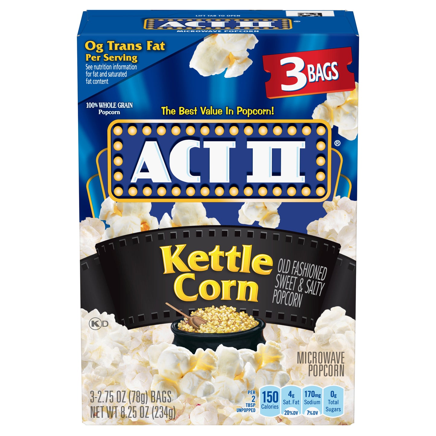 Palomitas de maíz para microondas ACT II Kettle Corn, paquete de 3 bolsas de 78 g (2.75 oz).