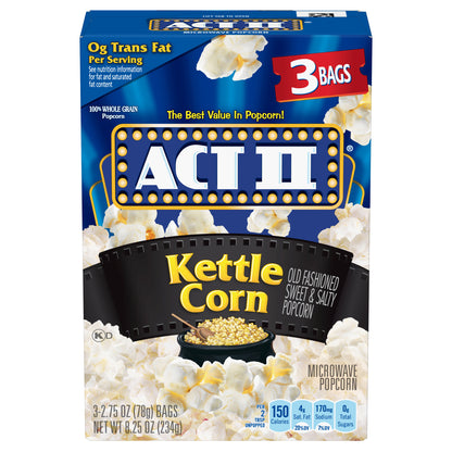 Palomitas de maíz para microondas ACT II Kettle Corn, paquete de 3 bolsas de 78 g (2.75 oz).