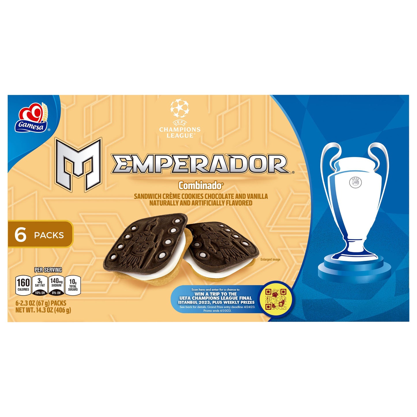 Galletas tipo sándwich Gamesa Emperador con crema, sabor chocolate y vainilla, con saborizantes naturales y artificiales, 65 g (6 unidades)