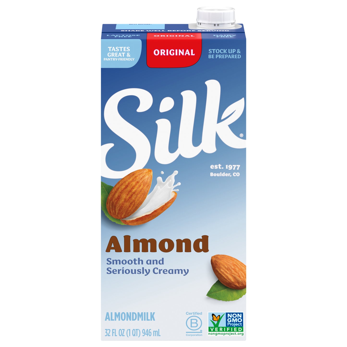 Leche de almendras original Silk, estable a temperatura ambiente, 1 cuarto de galón