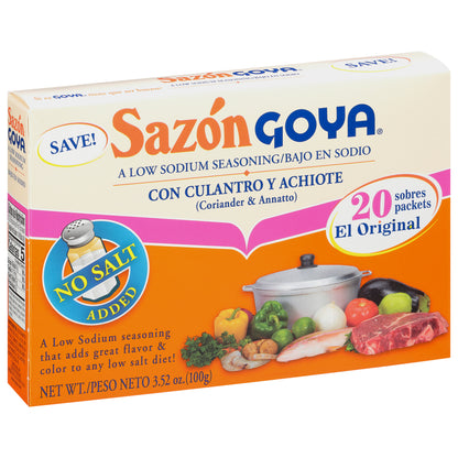 Sazón Goya de cilantro y achiote, condimento bajo en sodio, caja de 20 sobres