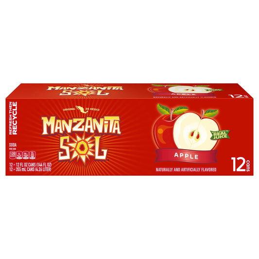 Refresco Manzanita Sol sabor manzana, con sabor natural y artificial, 355 ml (12 oz fl), paquete de 12 unidades