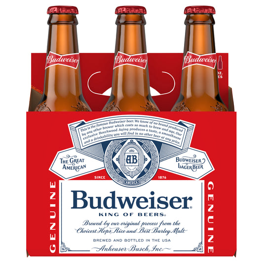 Cerveza Budweiser, paquete de 6 cervezas, botellas de 355 ml (12 oz fl), 5 % de alcohol por volumen.