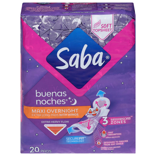 Compresas Saba Extra Heavy Flow Maxi para la noche, 20 unidades