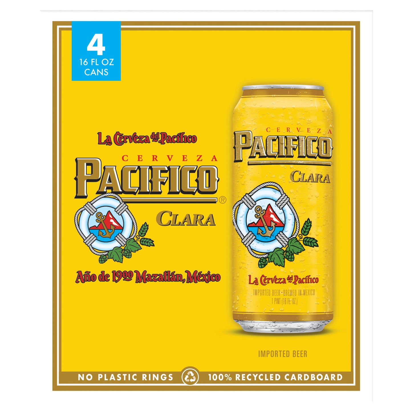 Cerveza lager mexicana Pacífico, paquete de 4 latas de 473 ml (16 oz fl), 4.4% de alcohol por volumen.